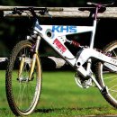KHS. Notice the brilliant weight saving circle cutout on this mountain bike frame.